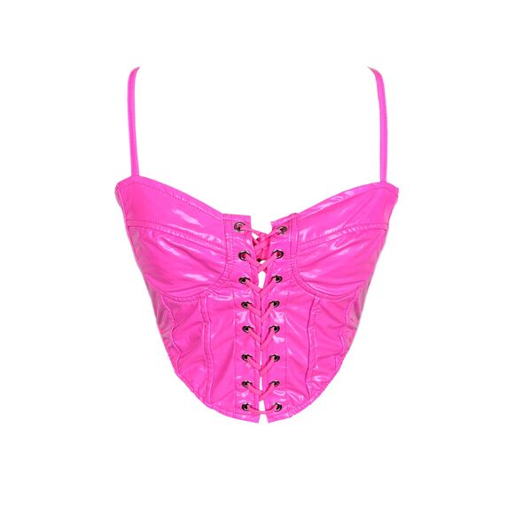 Y2K Hot Pink Vinyl Corset Top - Picture 2 of 6